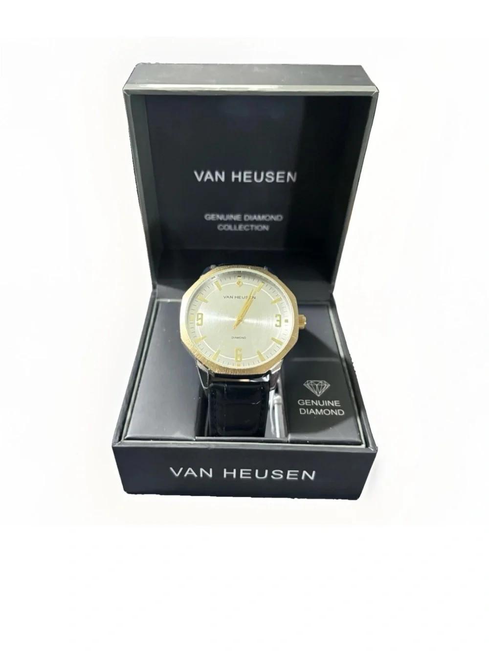 Van Heusen Gold Tone & Black Leather Dress Watch